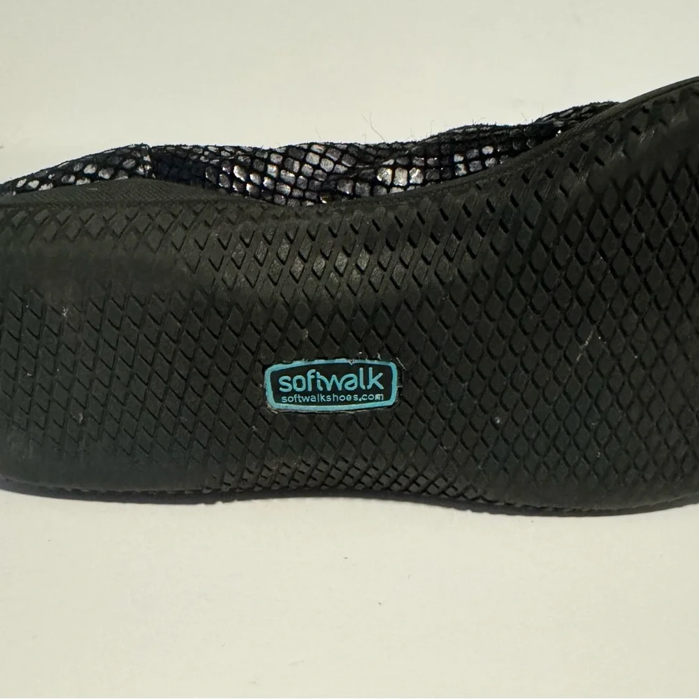 Softwalk Woman's 7 Narrow Black Silver Leather Ballerina Slip On Shoes Comfort